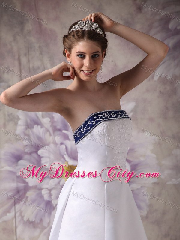 White and Blue A-line Chapel Train Embroidery Wedding Dress