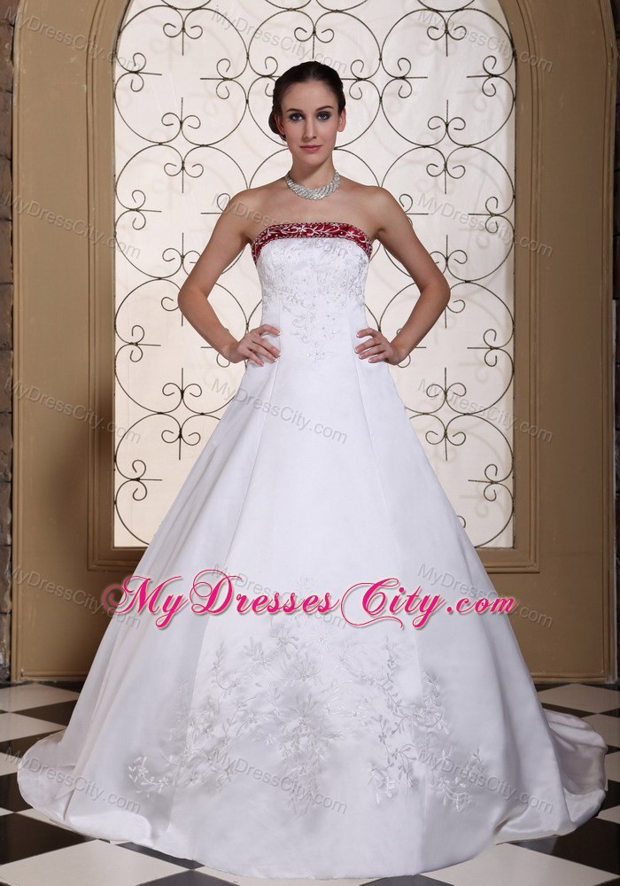 Embroidery in Satin Modest Chapel Train Church Wedding Dress