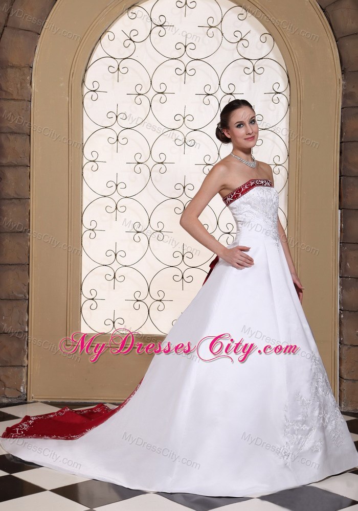 Embroidery in Satin Modest Chapel Train Church Wedding Dress