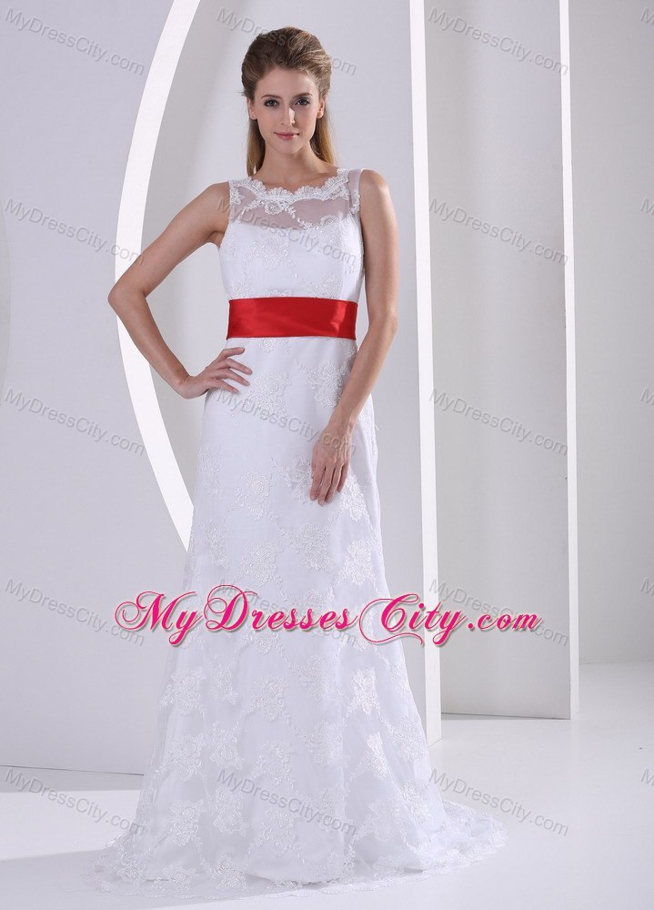 Column Bateau Lace Wedding Dress with Red Sash and V Back