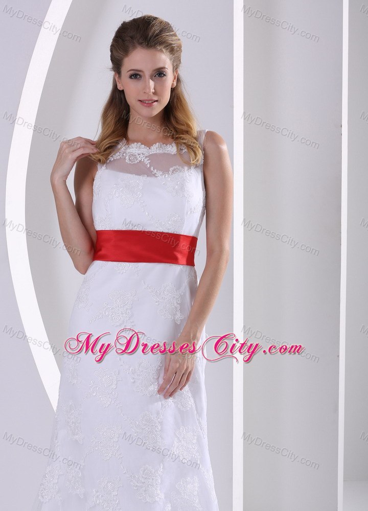 Column Bateau Lace Wedding Dress with Red Sash and V Back