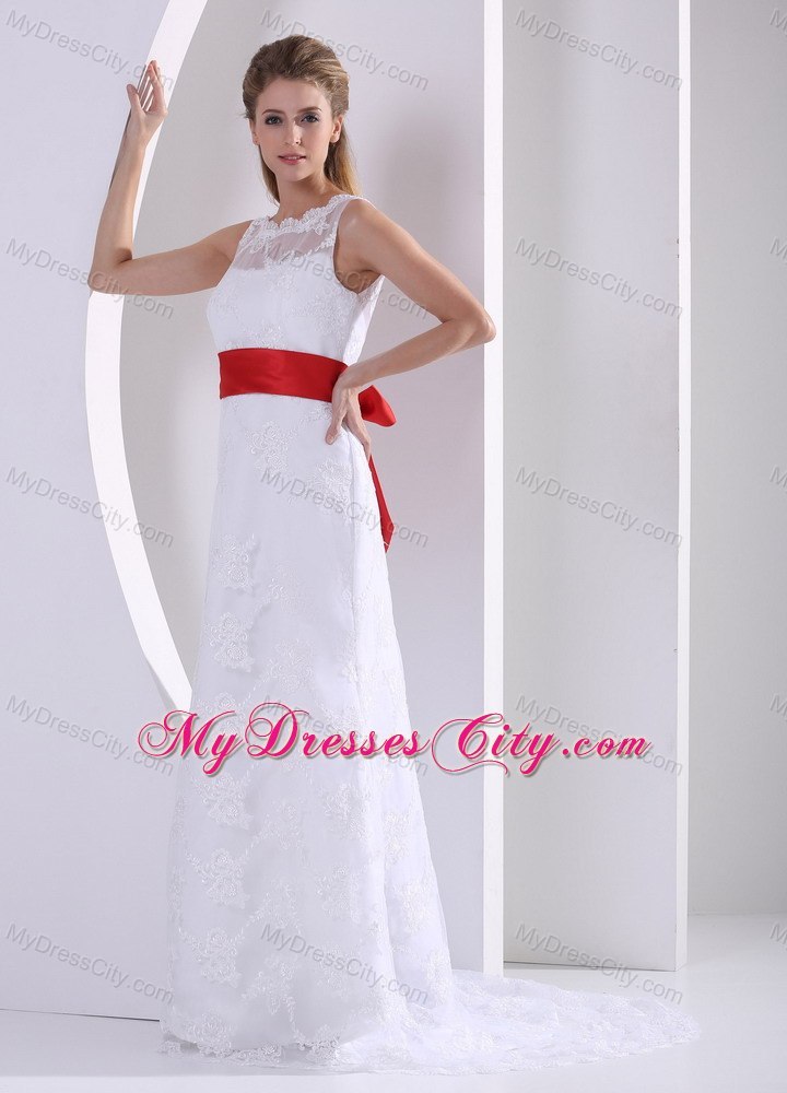 Column Bateau Lace Wedding Dress with Red Sash and V Back