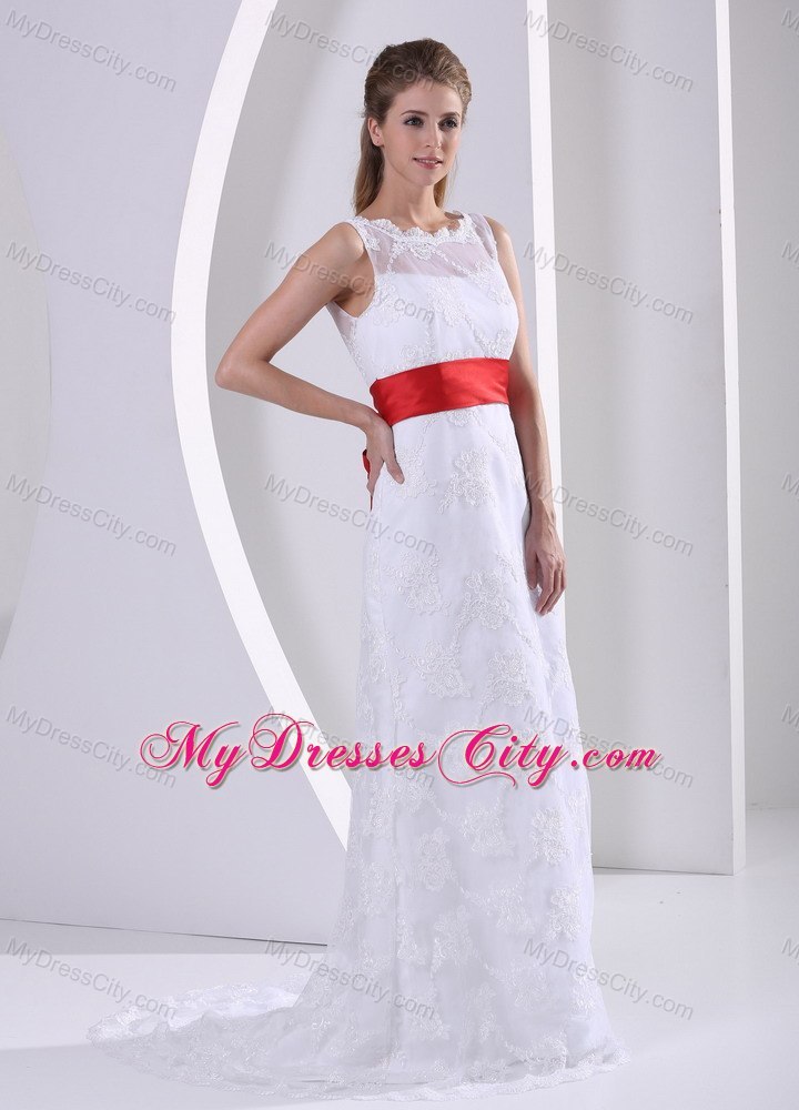 Column Bateau Lace Wedding Dress with Red Sash and V Back