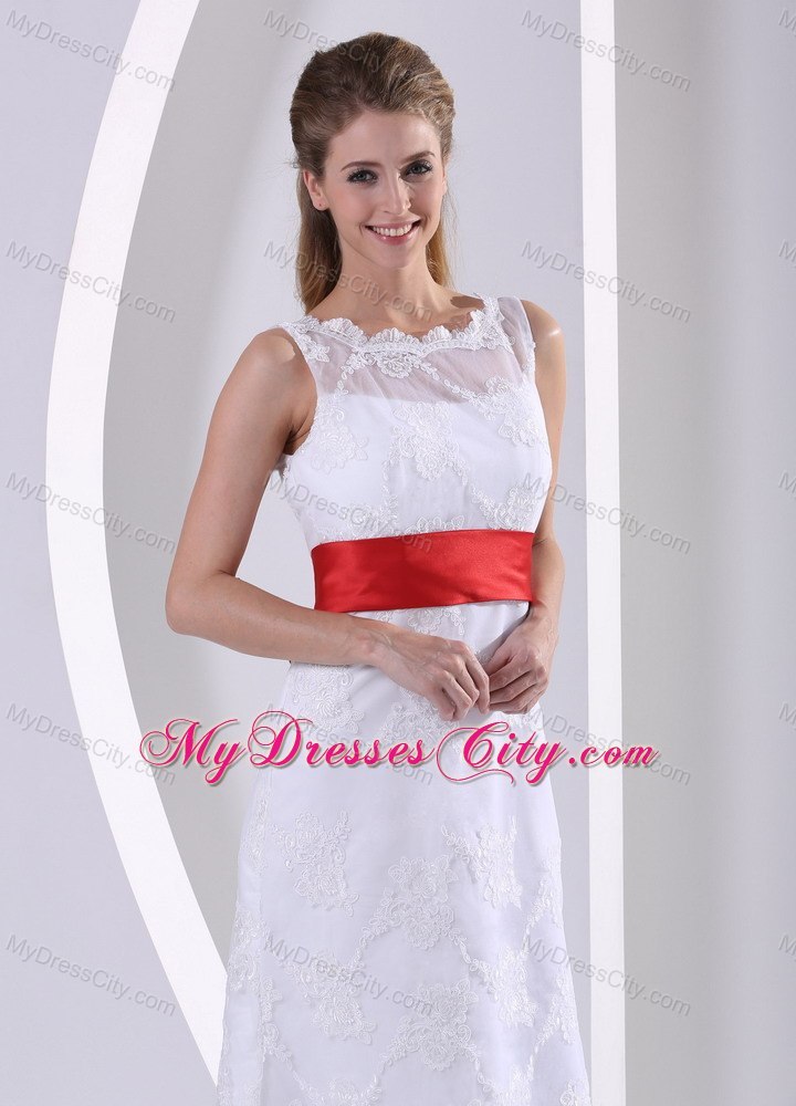 Column Bateau Lace Wedding Dress with Red Sash and V Back