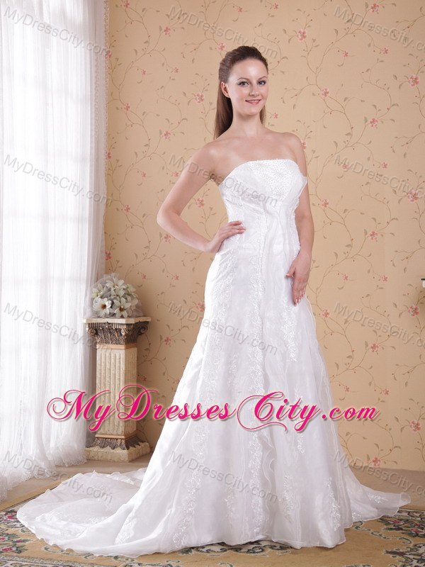 White Princess Strapless Court Train with Lace Wedding Dress