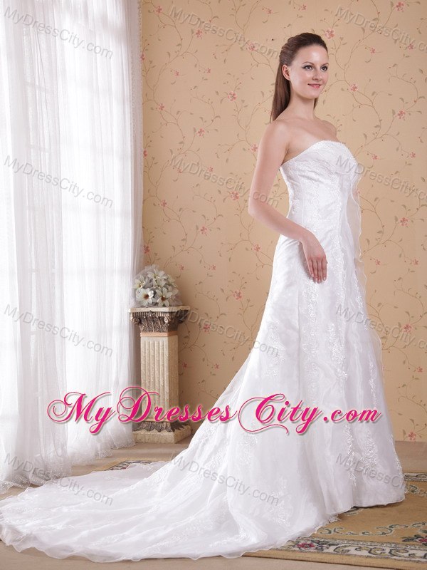 White Princess Strapless Court Train with Lace Wedding Dress