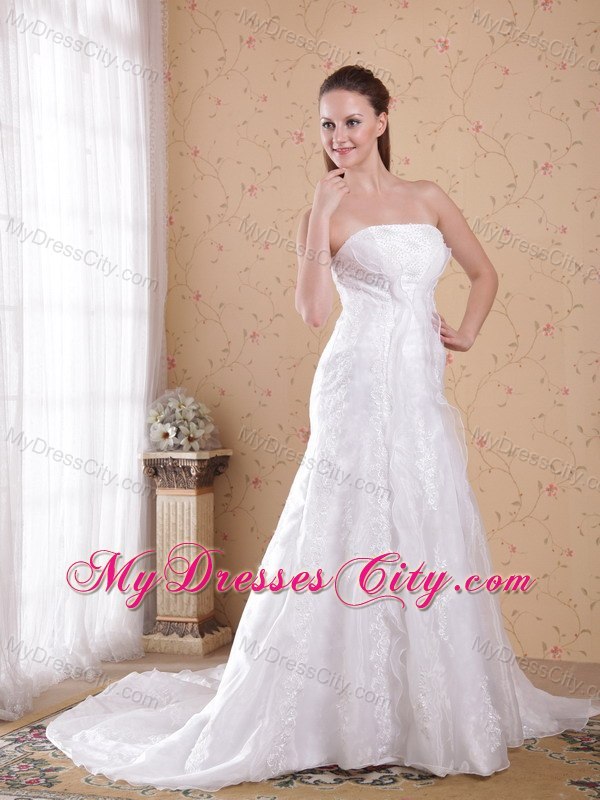 White Princess Strapless Court Train with Lace Wedding Dress