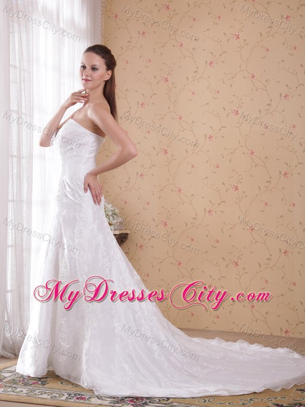 White Princess Strapless Court Train with Lace Wedding Dress