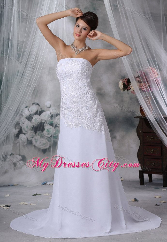 Lace Decorated Bodice Strapless Court Train Wedding Dress