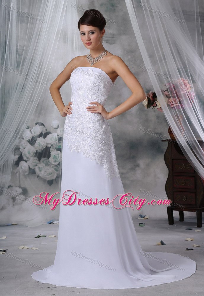 Lace Decorated Bodice Strapless Court Train Wedding Dress