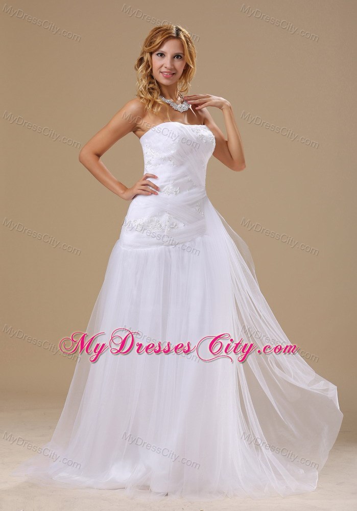 Appliques with Beading Bodice Brush Train Wedding Dress