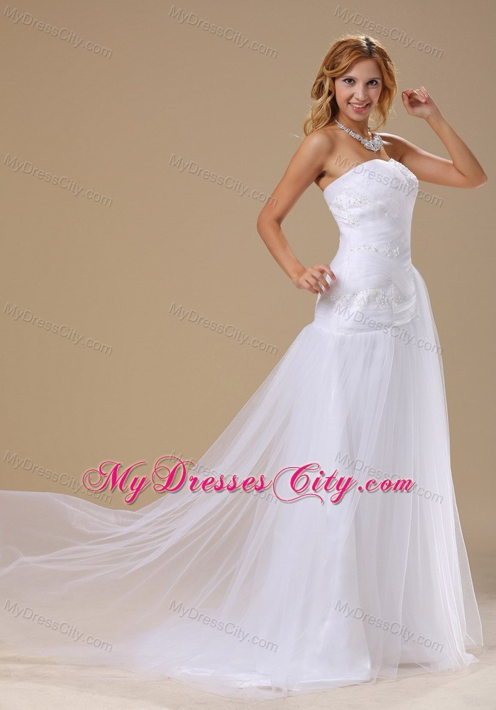 Appliques with Beading Bodice Brush Train Wedding Dress