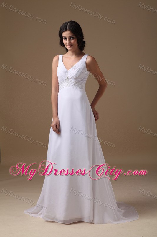 Lovely Empire V-neck Chiffon Beaded Waist Wedding Dress