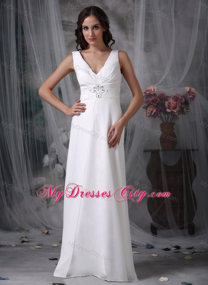 White Column V-neck Floor-length Chiffon Beaded Bridal Gown