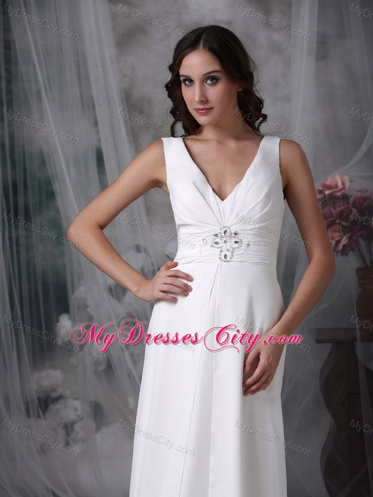 White Column V-neck Floor-length Chiffon Beaded Bridal Gown