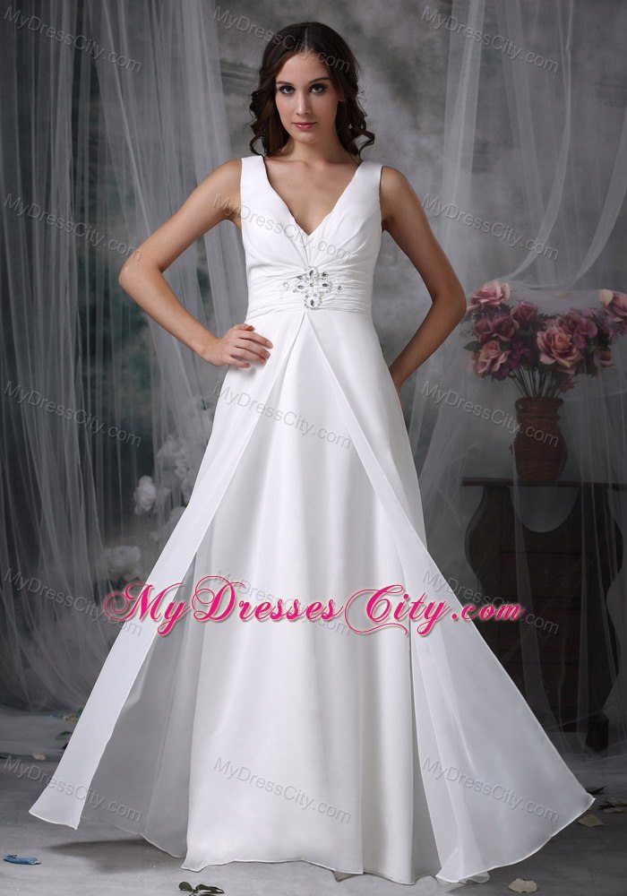 White Column V-neck Floor-length Chiffon Beaded Bridal Gown