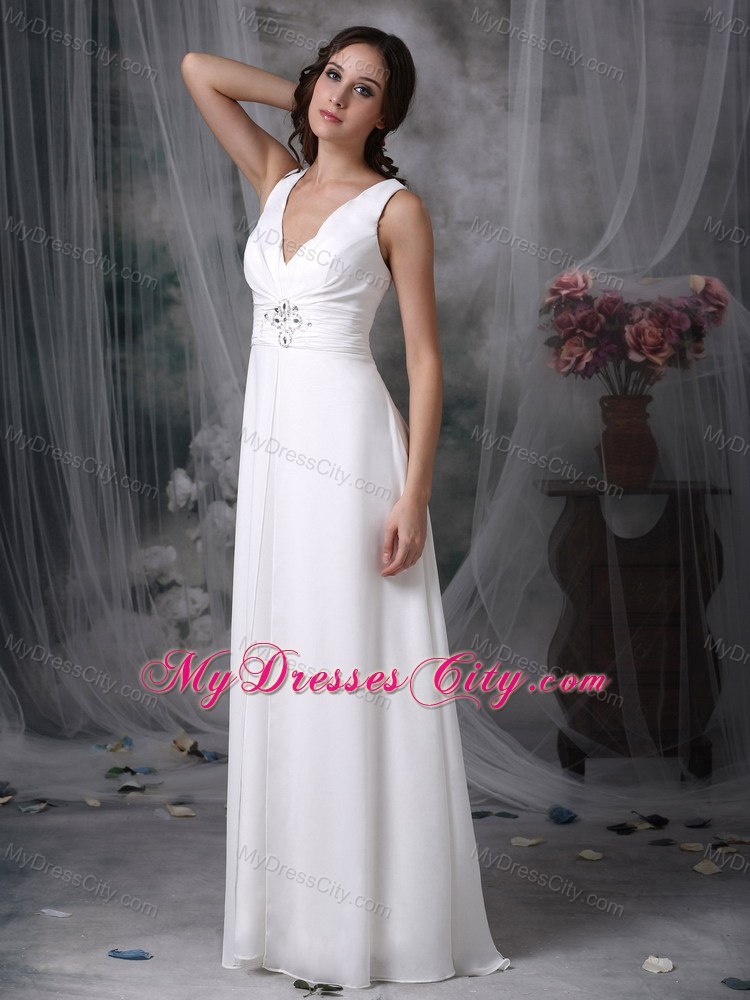 White Column V-neck Floor-length Chiffon Beaded Bridal Gown