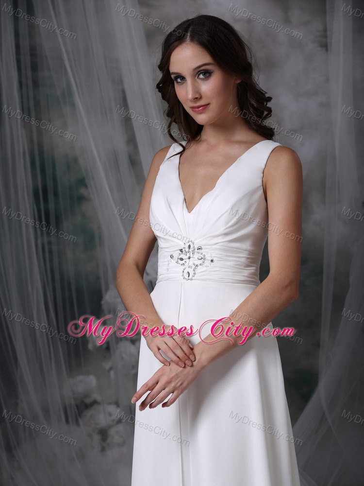 White Column V-neck Floor-length Chiffon Beaded Bridal Gown