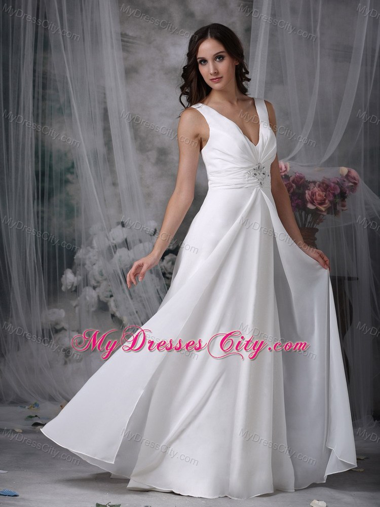 White Column V-neck Floor-length Chiffon Beaded Bridal Gown