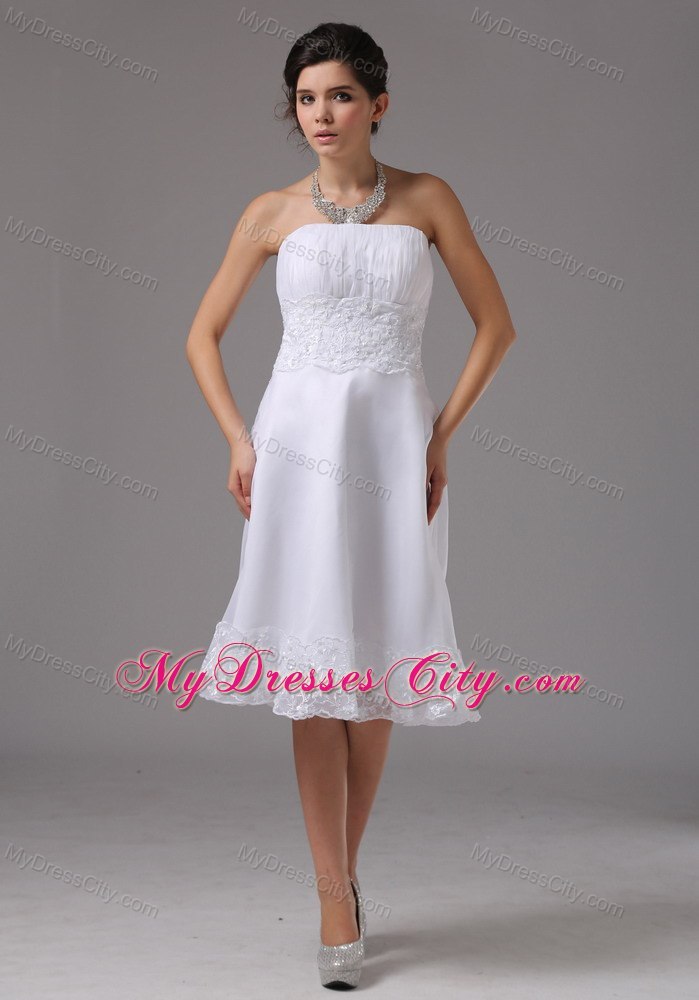 Knee-length Wedding Dress with Lace Decorated Waist and Hemline