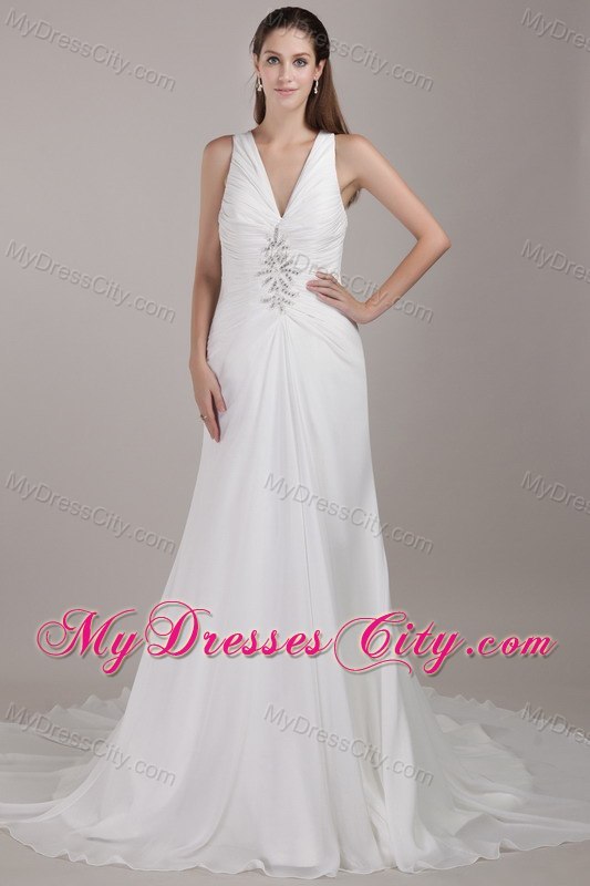 Chiffon A-line V-neck Chapel Train Appliques Wedding Dress