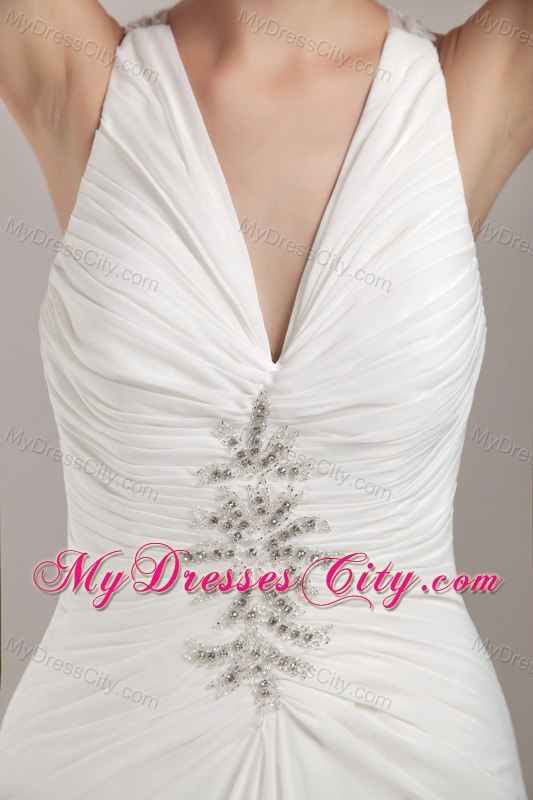 Chiffon A-line V-neck Chapel Train Appliques Wedding Dress