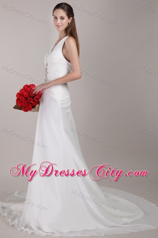 Chiffon A-line V-neck Chapel Train Appliques Wedding Dress