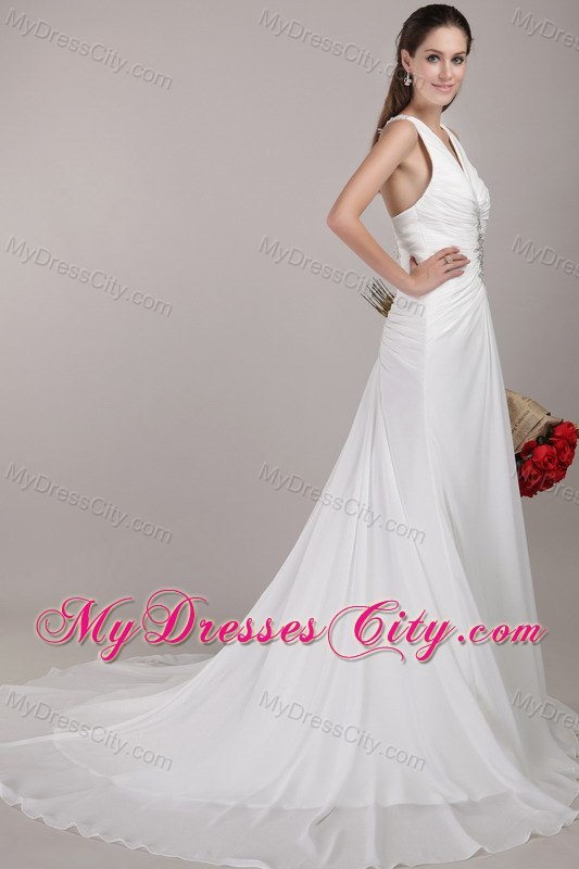 Chiffon A-line V-neck Chapel Train Appliques Wedding Dress