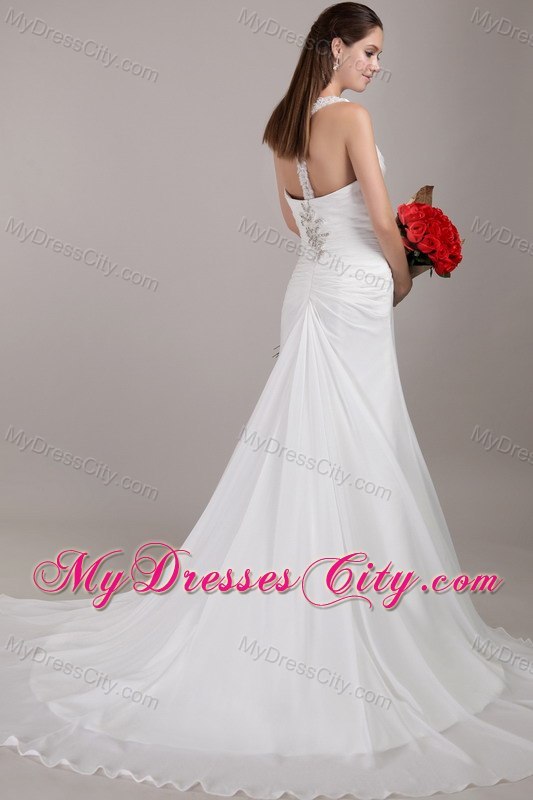 Chiffon A-line V-neck Chapel Train Appliques Wedding Dress