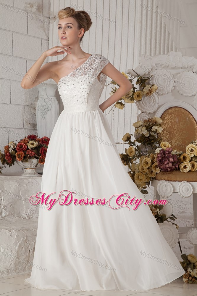 White Empire Chiffon Wedding Dress with Beaded One Shoulder