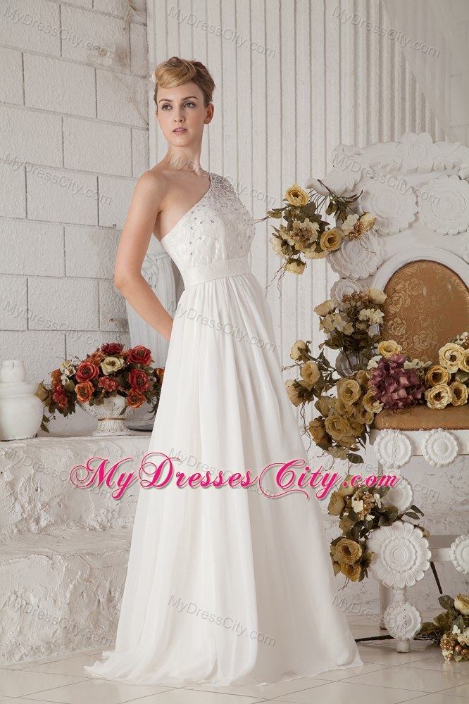 White Empire Chiffon Wedding Dress with Beaded One Shoulder