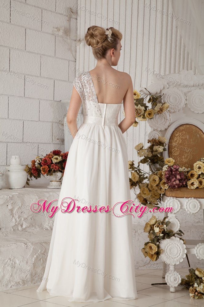 White Empire Chiffon Wedding Dress with Beaded One Shoulder