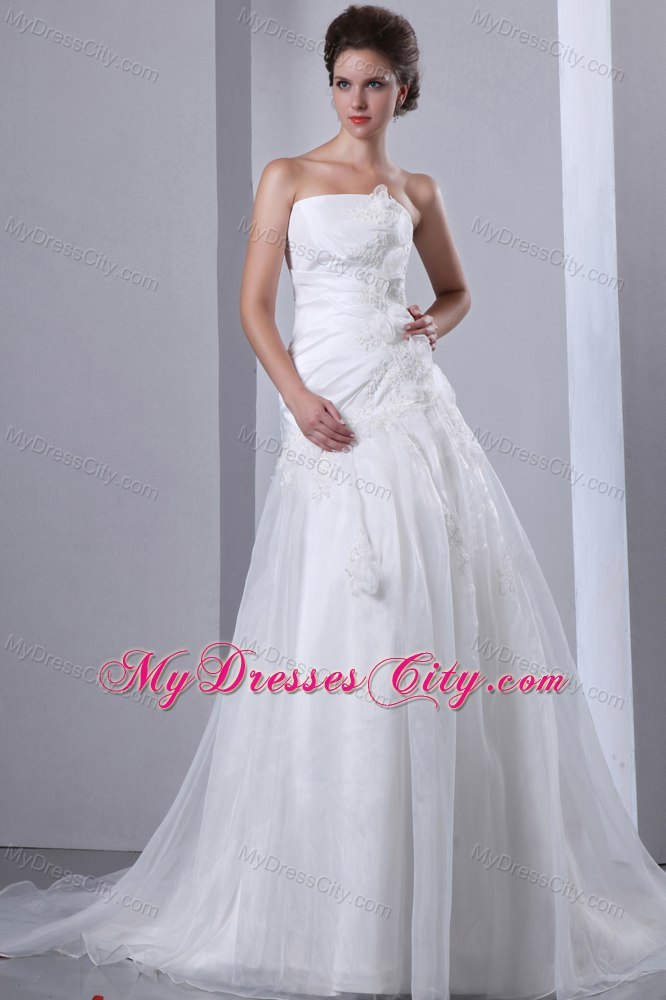 A-line Court Train Appliques and Hand Flowers Wedding Dress