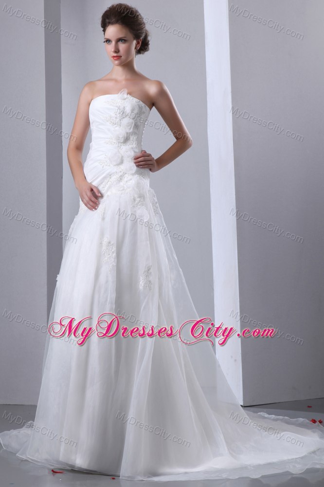 A-line Court Train Appliques and Hand Flowers Wedding Dress