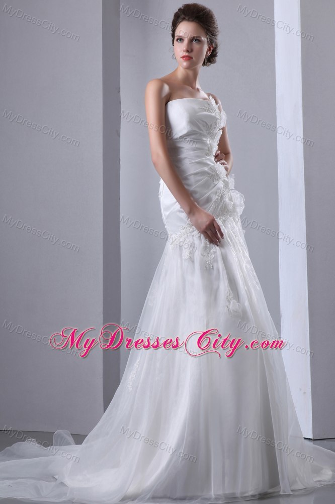 A-line Court Train Appliques and Hand Flowers Wedding Dress