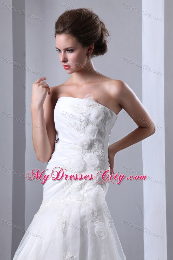 A-line Court Train Appliques and Hand Flowers Wedding Dress