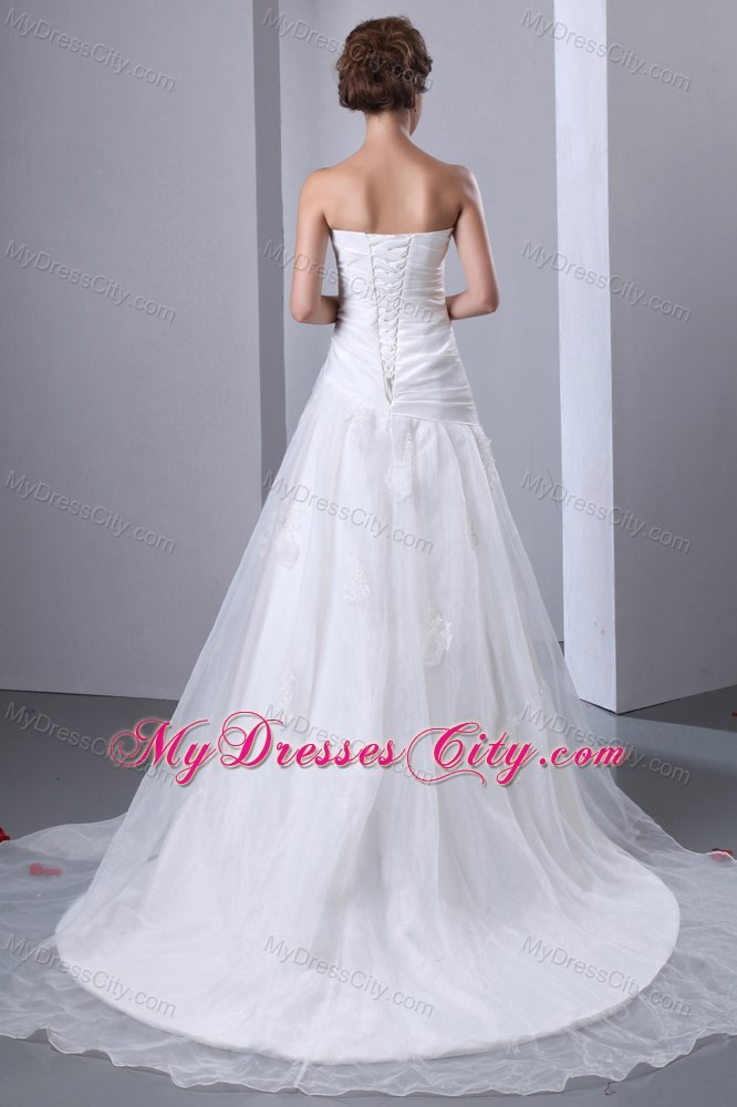 A-line Court Train Appliques and Hand Flowers Wedding Dress