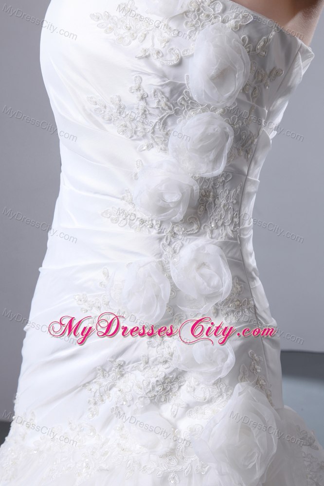 A-line Court Train Appliques and Hand Flowers Wedding Dress