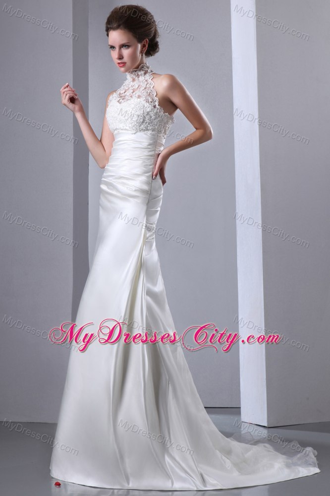 2013 Elegant A-line Lace High-neck Court Train Wedding Dress