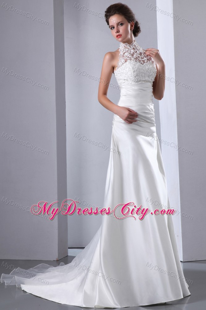 2013 Elegant A-line Lace High-neck Court Train Wedding Dress