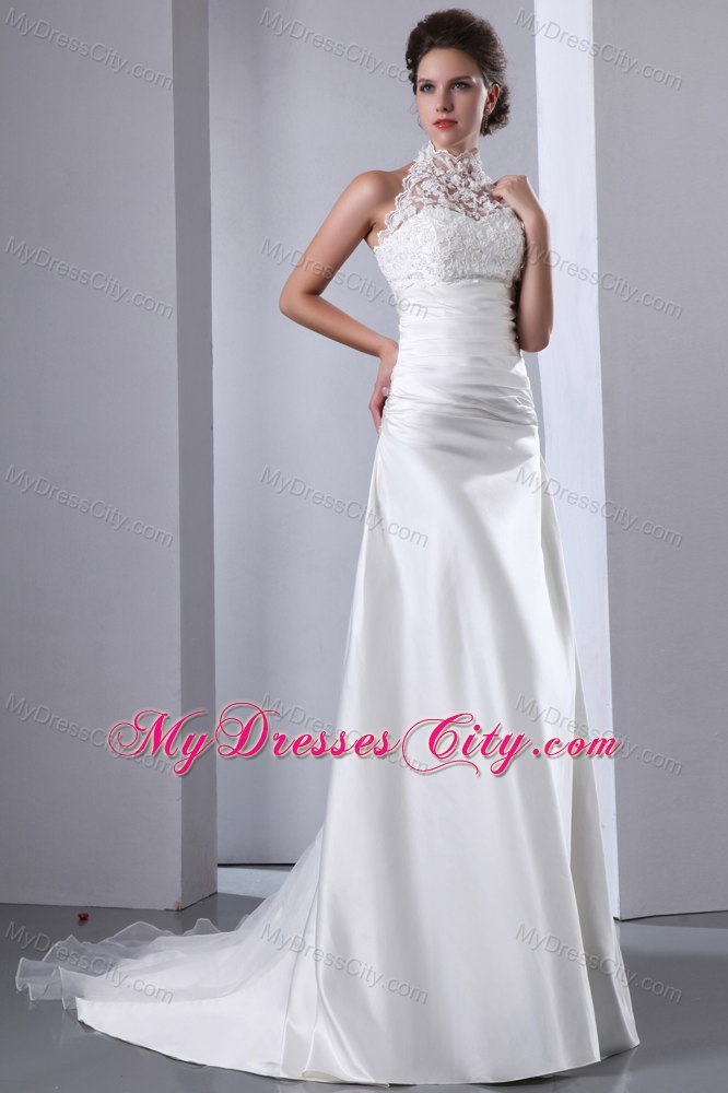 2013 Elegant A-line Lace High-neck Court Train Wedding Dress