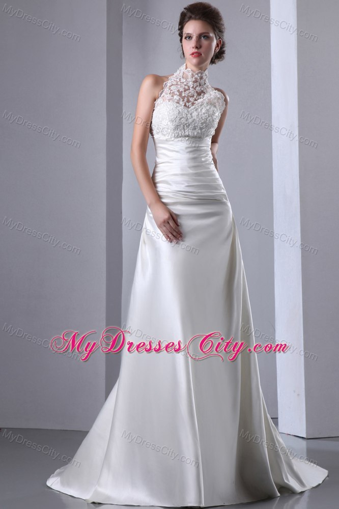 2013 Elegant A-line Lace High-neck Court Train Wedding Dress