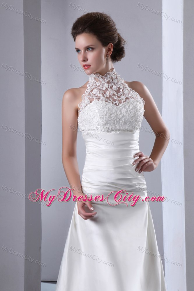 2013 Elegant A-line Lace High-neck Court Train Wedding Dress