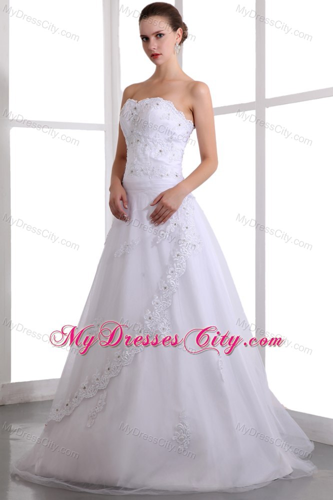 Classical A-line Strapless Brush Train Beaded Wedding Dress