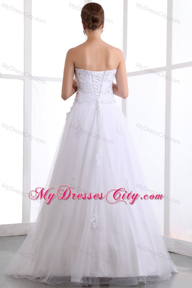 Classical A-line Strapless Brush Train Beaded Wedding Dress