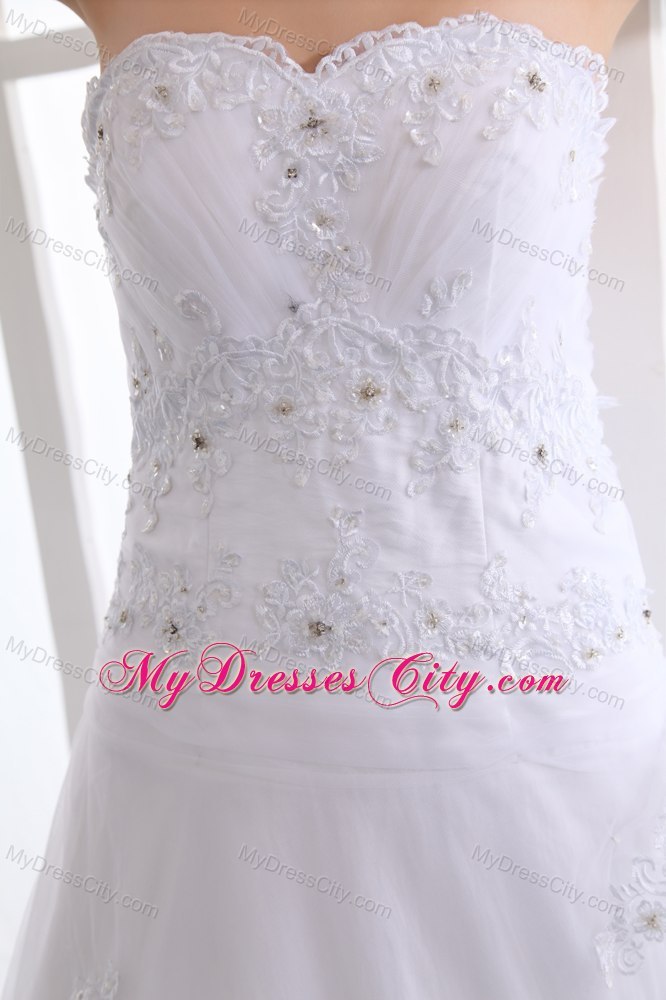 Classical A-line Strapless Brush Train Beaded Wedding Dress