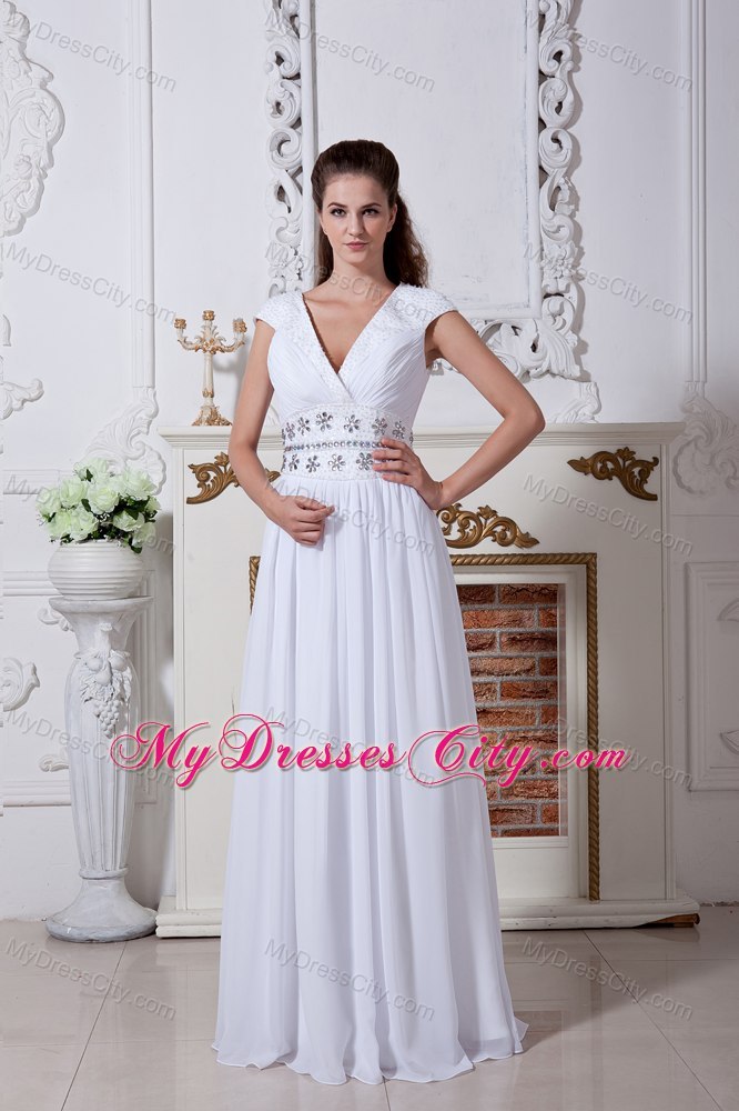 White Empire V-neck Beaded Waist Bridal Dress with Cap Sleeves