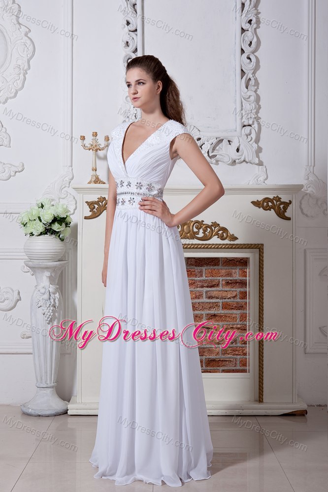 White Empire V-neck Beaded Waist Bridal Dress with Cap Sleeves