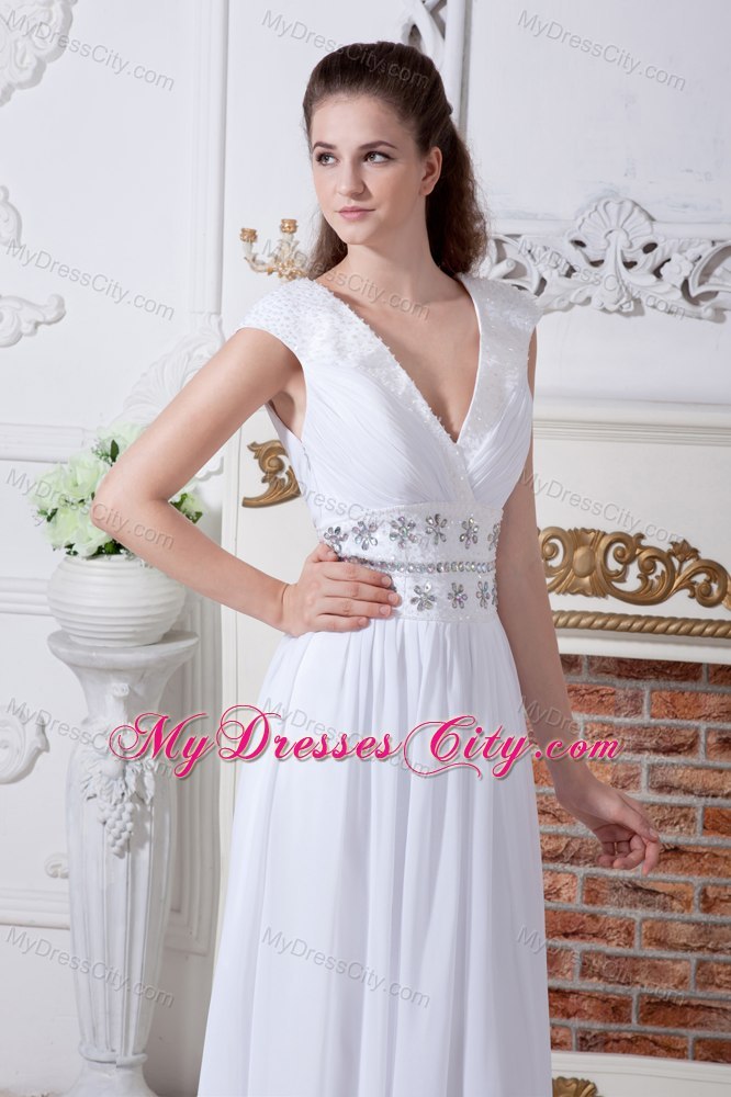 White Empire V-neck Beaded Waist Bridal Dress with Cap Sleeves