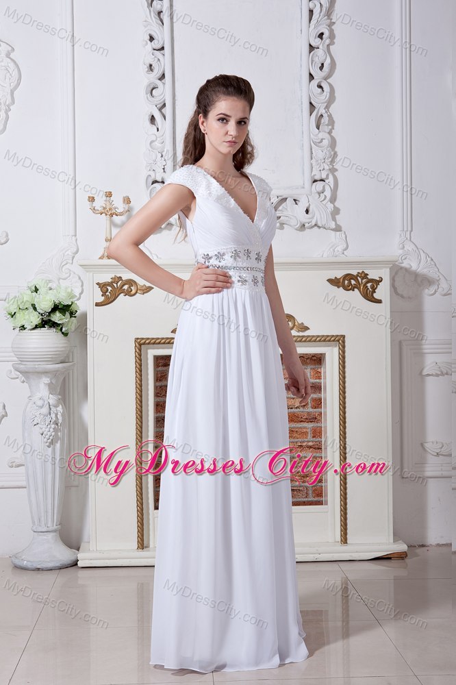 White Empire V-neck Beaded Waist Bridal Dress with Cap Sleeves